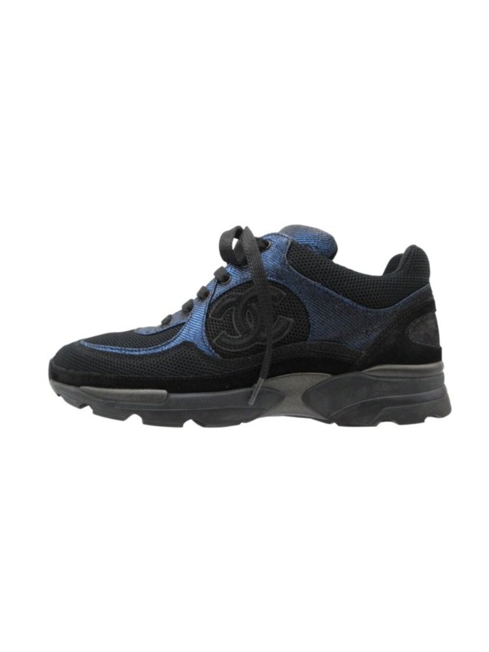 Chanel Sneakers Metallic Mesh Suede CC Logo Shoes Black Blue